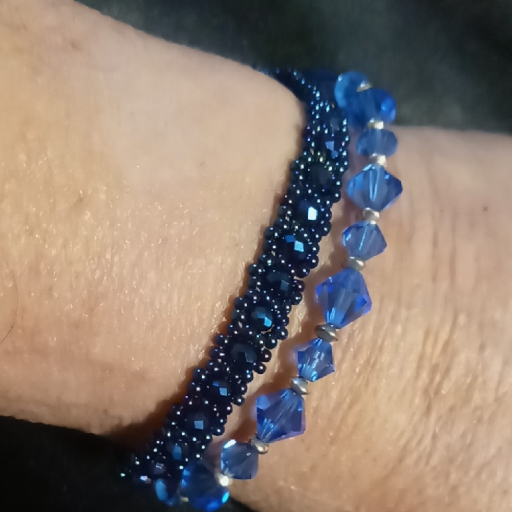 Two Blue Beaded Bracelets toggle & bead clasp. glass beautiful blue crystal cut